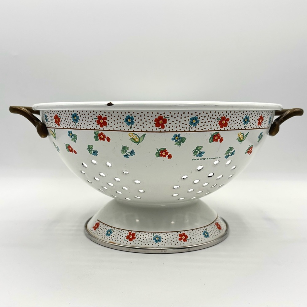 Vintage Kamenstein Enamel Brass Handle Colander / Strainer - Floral Flower 70s